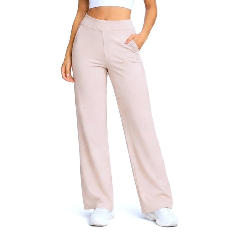 G4Free Yoga Pants Women Small Beige High Waisted Wide Leg Pockets JL2024